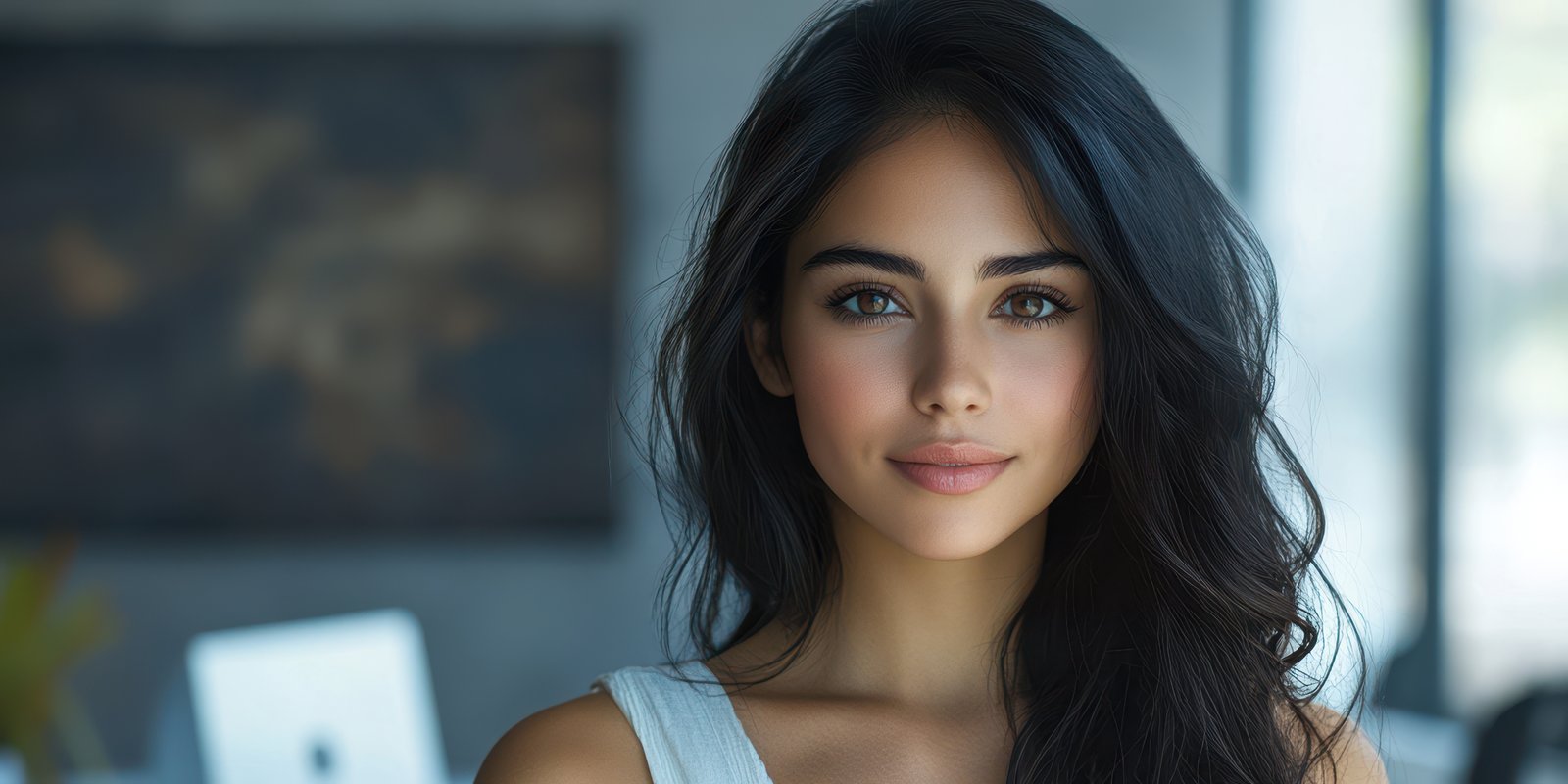 Young woman with long black hair smiling in a bright indoor space during daylight hours